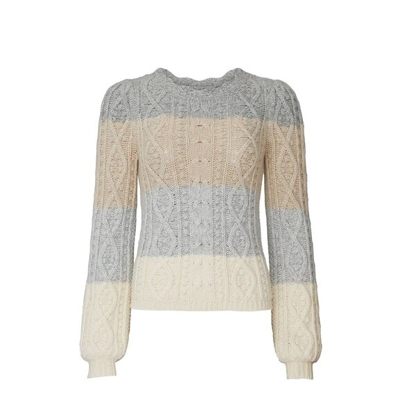 Rebecca Taylor Cable-Knit Striped Sweater XS Wool-Blend Beige/Gray/Ivory Ribbed - Picture 1 of 8